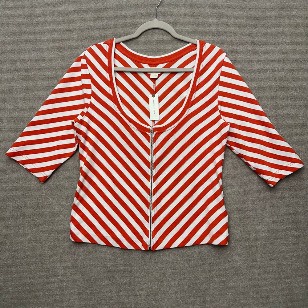 Anthropologie Maeve Zip Front Scoop Neck Striped Ribbed Top Orange Red White XL